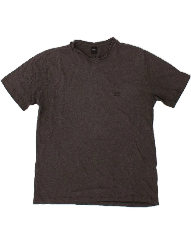 HUGO BOSS Mens T-Shirt Top Large Grey Cotton Collared Crew Neck Turtle Neck