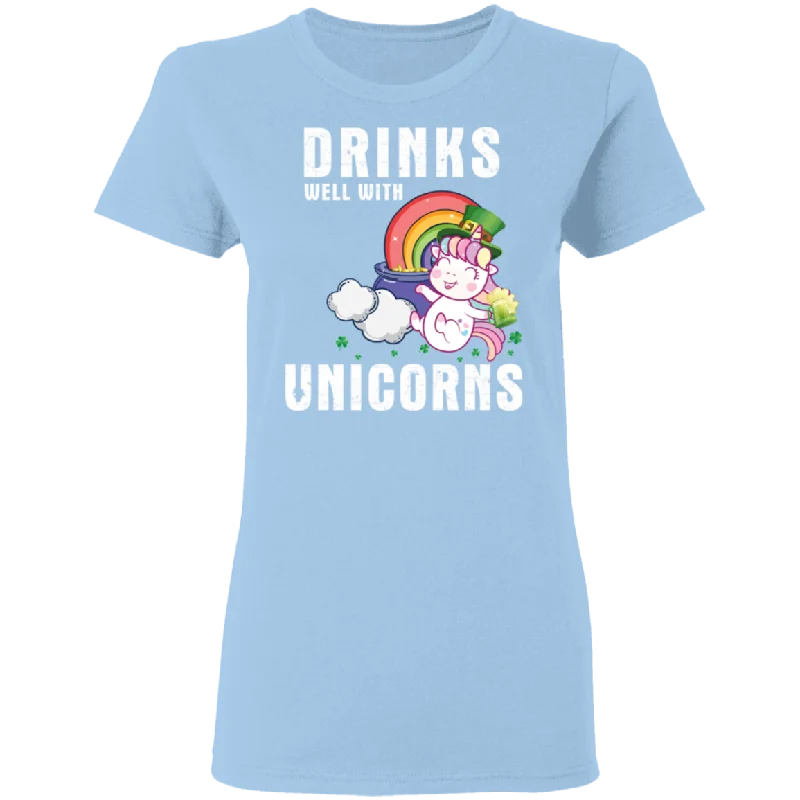 Drinks Well With Unicorns Drinking St Patrick's Day Gifts Ladies T-Shirt Collared T-Shirt Boat Neck A-Line