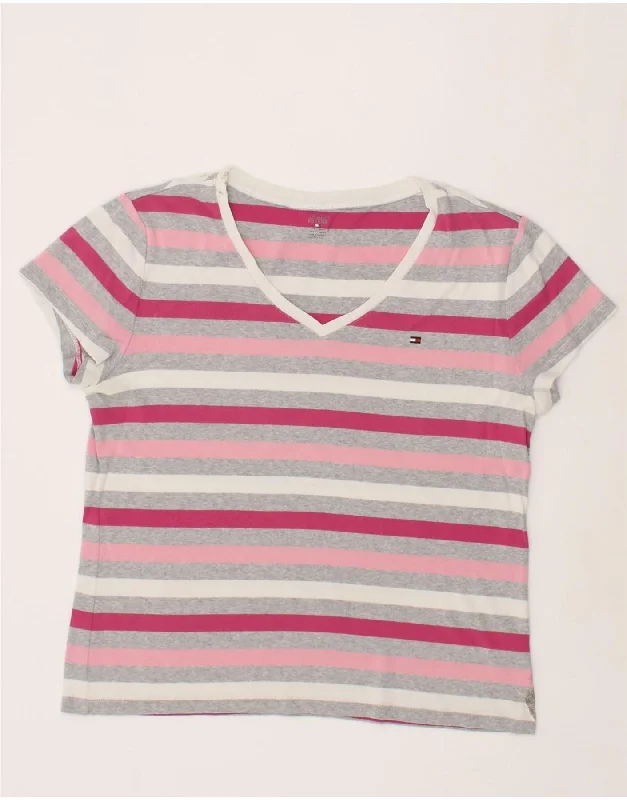 TOMMY HILFIGER Womens T-Shirt Top UK 18 XL Pink Striped Cotton Cashmere Blend Cotton Blend Poly Blend