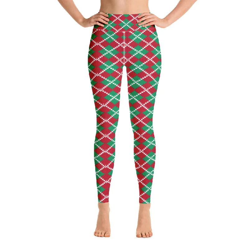 Knit Argyle Christmas Pattern Yoga Leggings Trendy Foil Finish Leggings
