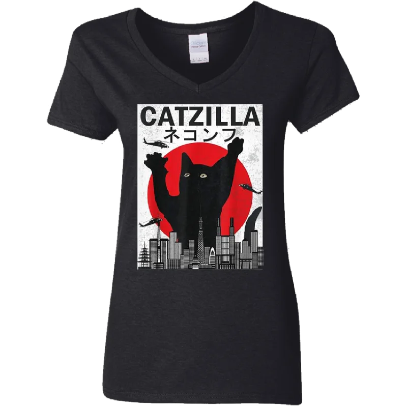 Vintage Catzilla Japanese Sunset Angry Cat Kitten Lover Ladies V-Neck T-Shirt Graphic T-Shirt Round Neck Polyester