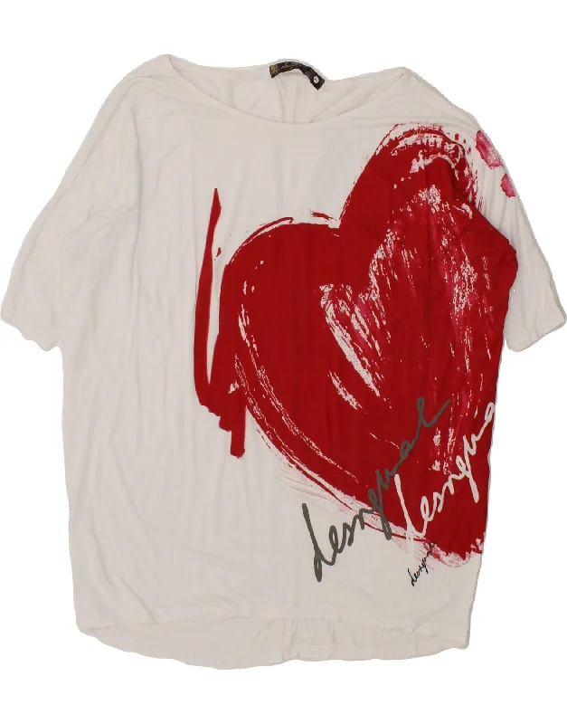 DESIGUAL Womens Graphic T-Shirt Top UK 18 XL White Viscose Heart Fitted T-Shirt Seamless Stretchy
