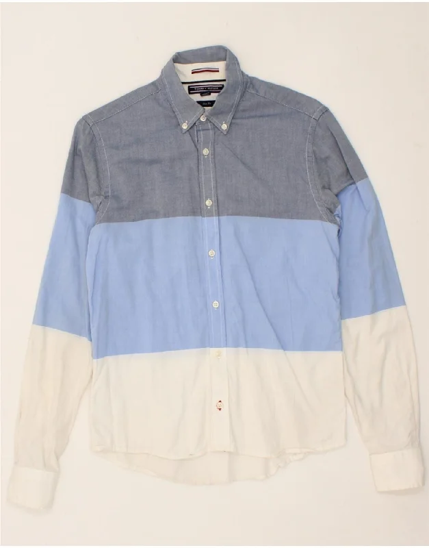 TOMMY HILFIGER Mens Slim Fit Shirt XS Blue Colourblock Satin Fabric Silk Fabric Chiffon Fabric