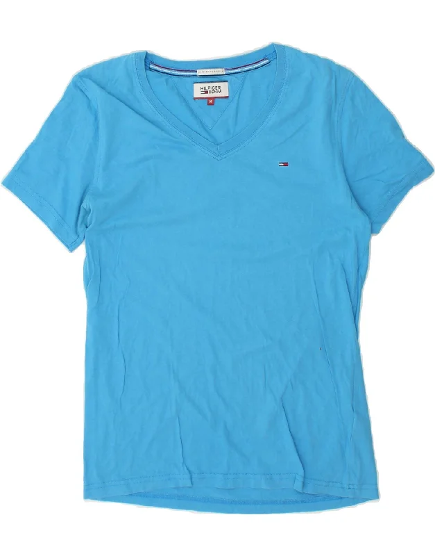TOMMY HILFIGER Womens T-Shirt Top UK 14 Medium Blue Cotton Notch Collar Peter Pan Collar Cowl Neck