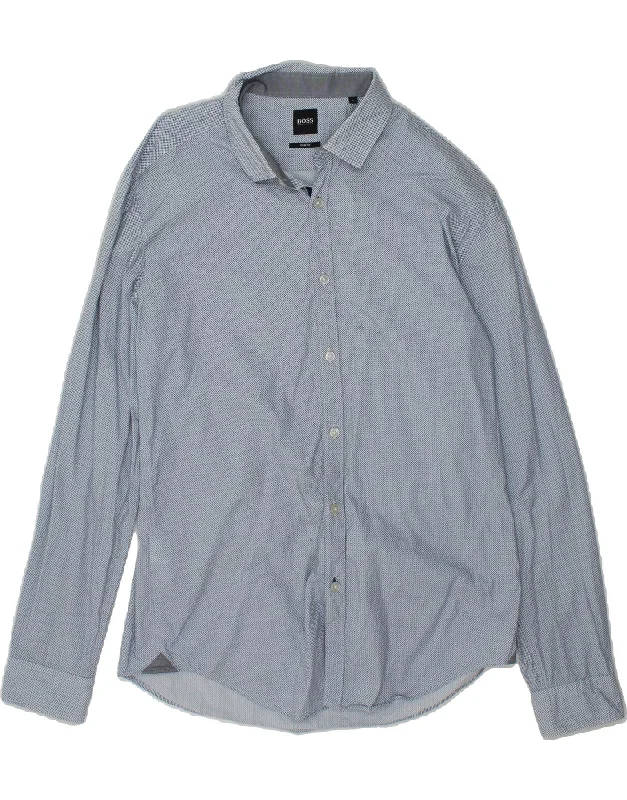 HUGO BOSS Mens Slim Fit Shirt Large Blue Spotted Cotton Ribbed T-Shirt High Neck Heavyweight HUGO BOSS Mens Slim Fit Shirt Large Blue Spotted Cotton Ribbed T-Shirt High Neck Heavyweight