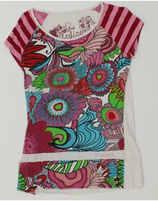 DESIGUAL Womens Graphic T-Shirt Top UK 14 Large Multicoloured Floral Solid Print Embellished