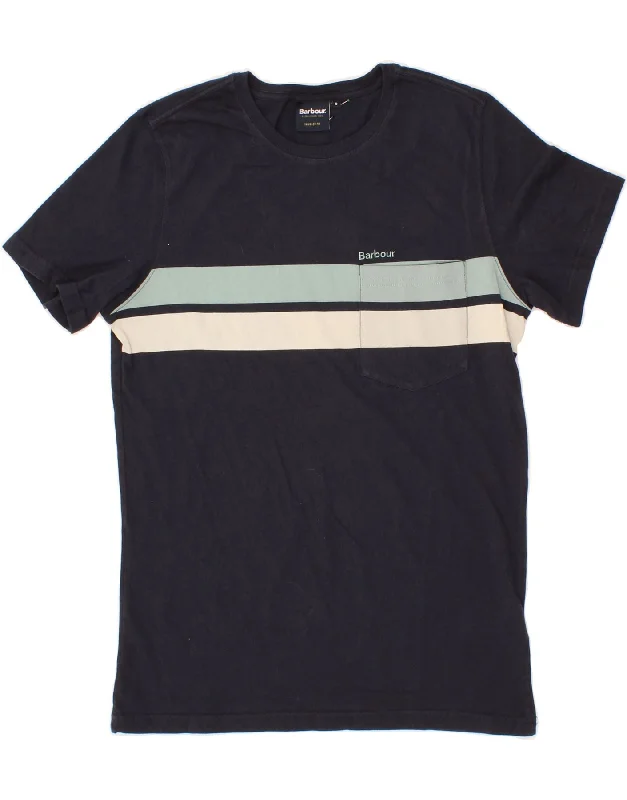 BARBOUR Mens Tailored Fit T-Shirt Top Small Navy Blue Striped Cotton Iron Safe Non-Iron Wrinkle Free