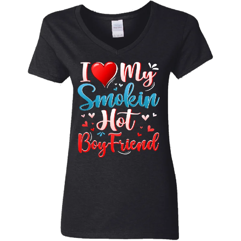 I Love My Smokin Hot Boyfriend Cute Valentine Couple Ladies V-Neck T-Shirt Print Jacquard Patchwork I Love My Smokin Hot Boyfriend Cute Valentine Couple Ladies V-Neck T-Shirt Print Jacquard Patchwork