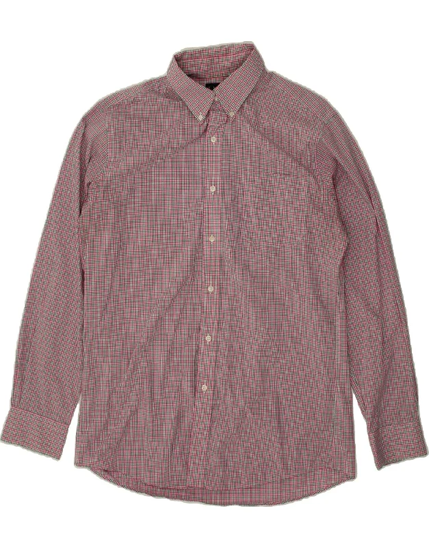 RALPH LAUREN Mens NON - IRON Slim Fit Shirt Size 16 Large Pink Check V-Neck T-Shirt Long Sleeve Cotton