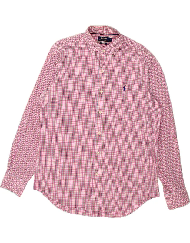 POLO RALPH LAUREN Mens Shirt Large Pink Check Cotton Fleece Nylon Spandex
