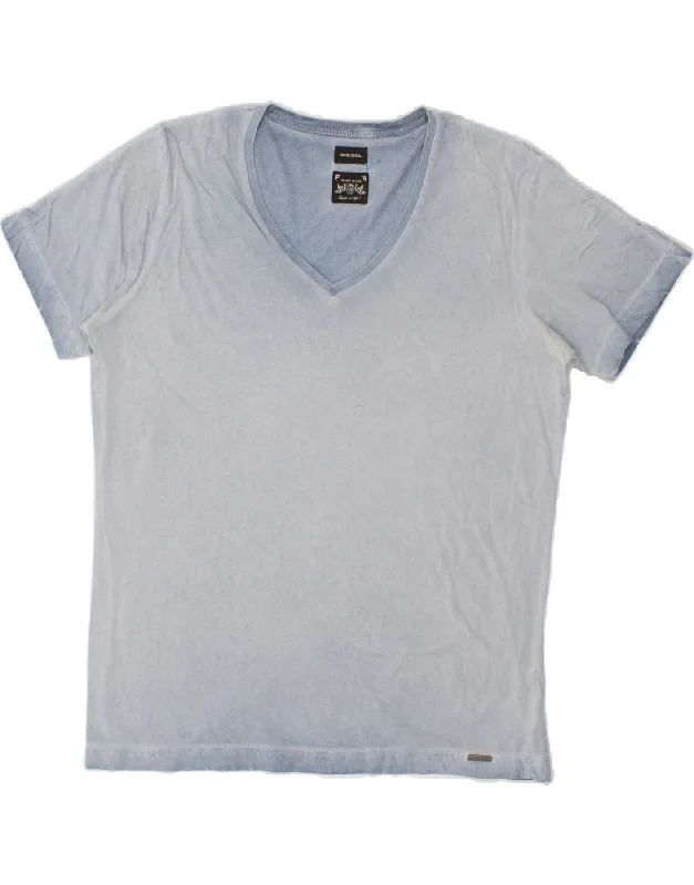 DIESEL Mens T-Shirt Top Small Blue Cotton Mesh Blend Leather Blend Suede Blend