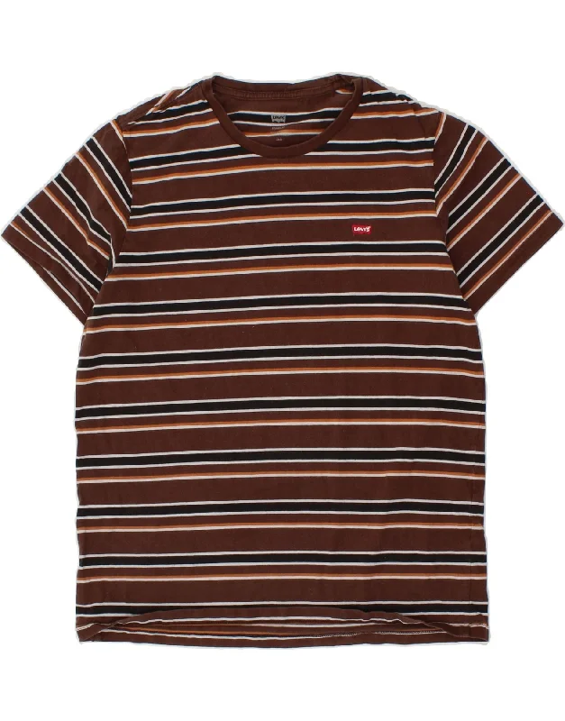 LEVI'S Mens Standard Fit T-Shirt Top Large Brown Striped Cotton Houndstooth Herringbone Solid