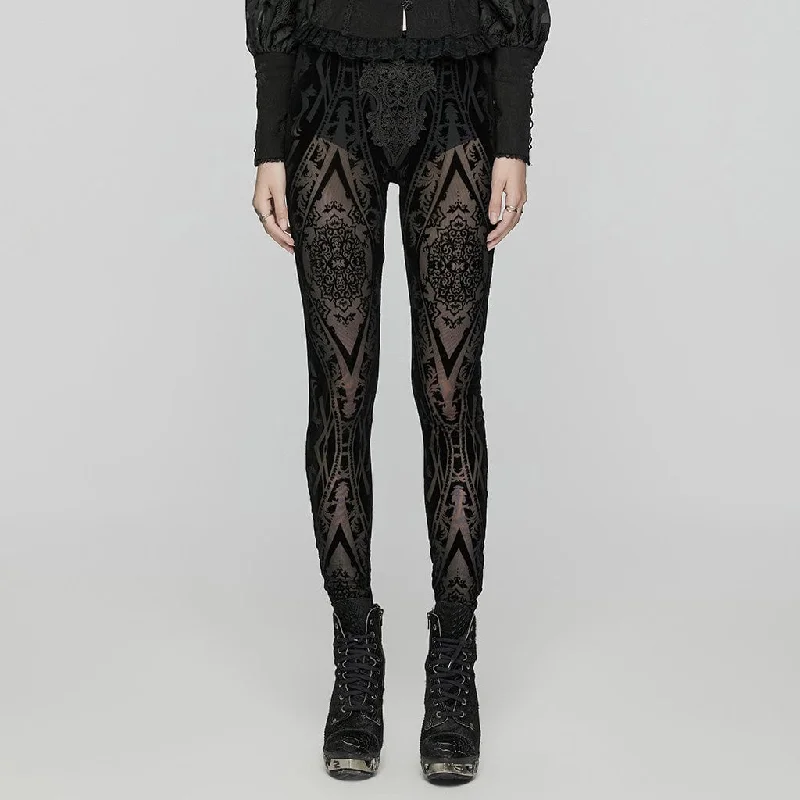 Women's Gothic Floral Embroidered Flocked Mesh Leggings Comfortable Leggings with Pockets