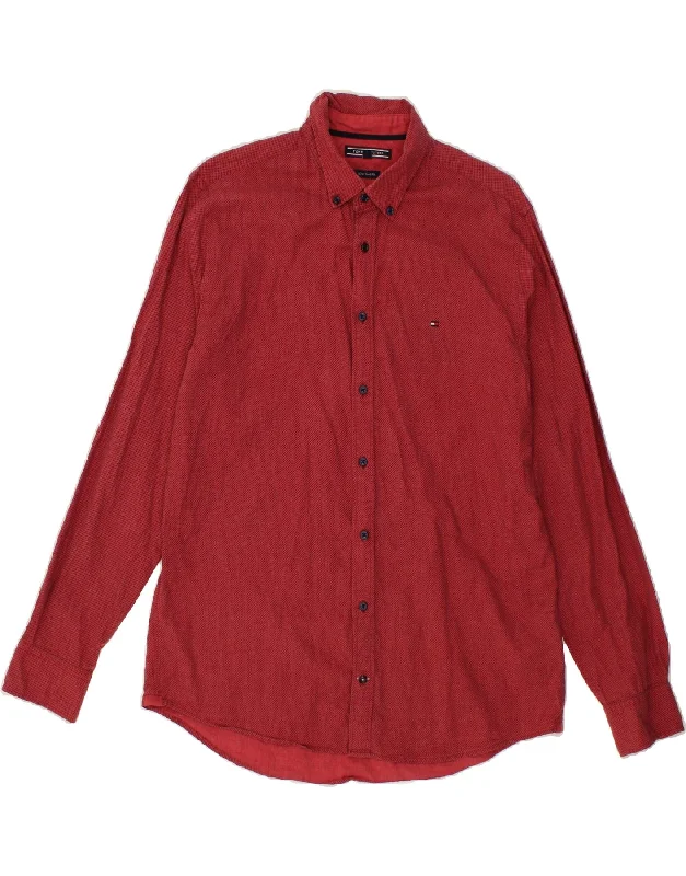 TOMMY HILFIGER Mens New York Fit Shirt Large Maroon Spotted Cotton Notch Collar Peter Pan Collar Cowl Neck
