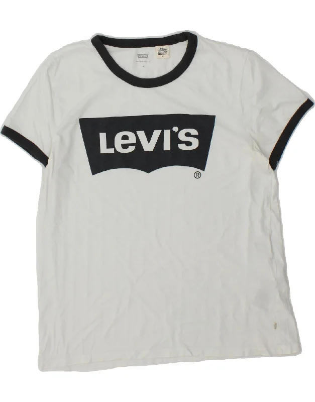 LEVI'S Womens Graphic T-Shirt Top UK 12 Medium White Cotton Collared Crew Neck Turtle Neck
