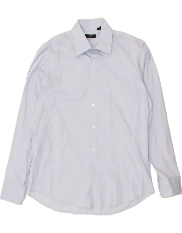 HUGO BOSS Mens Shirt Size 16 Large Blue Pinstripe Cotton Mesh Blend Leather Blend Suede Blend HUGO BOSS Mens Shirt Size 16 Large Blue Pinstripe Cotton Mesh Blend Leather Blend Suede Blend