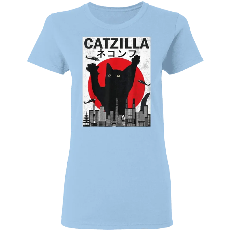 Vintage Catzilla Japanese Sunset Angry Cat Kitten Lover Ladies T-Shirt Anti-Pilling Machine Wash Handmade