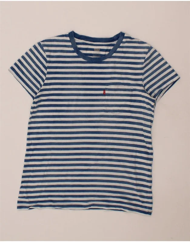 LEVI'S Mens Perfect Crew T-Shirt Top Small Blue Striped Denim Fabric Leather Fabric Suede Fabric