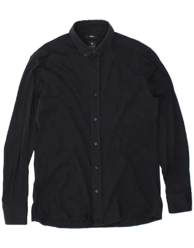 HUGO BOSS Mens Slim Fit Shirt Size 42 16 1/2 Large Navy Blue Cotton Notch Collar Peter Pan Collar Cowl Neck