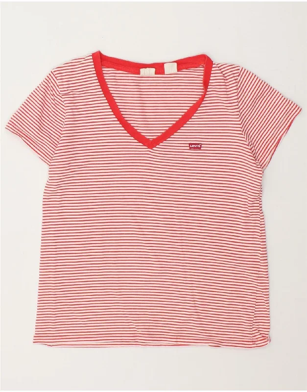 LEVI'S Womens T-Shirt Top UK 10 Small Red Striped Cotton Collared T-Shirt Boat Neck A-Line