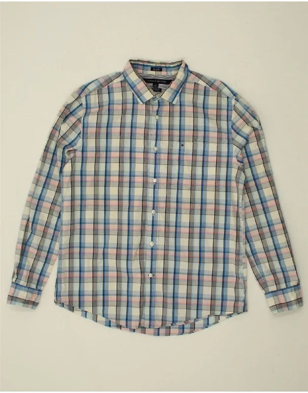 TOMMY HILFIGER Mens Custom Fit Shirt Large Blue Check Fashionable Trendy Casual