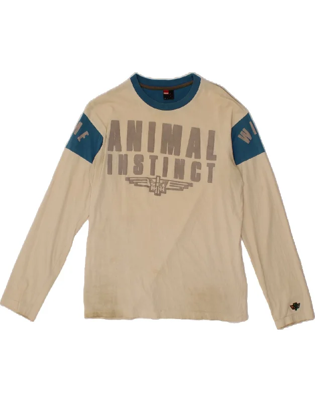 DIESEL Mens Graphic T-Shirt Long Sleeve Medium Beige Colourblock Cotton Fashionable Trendy Casual