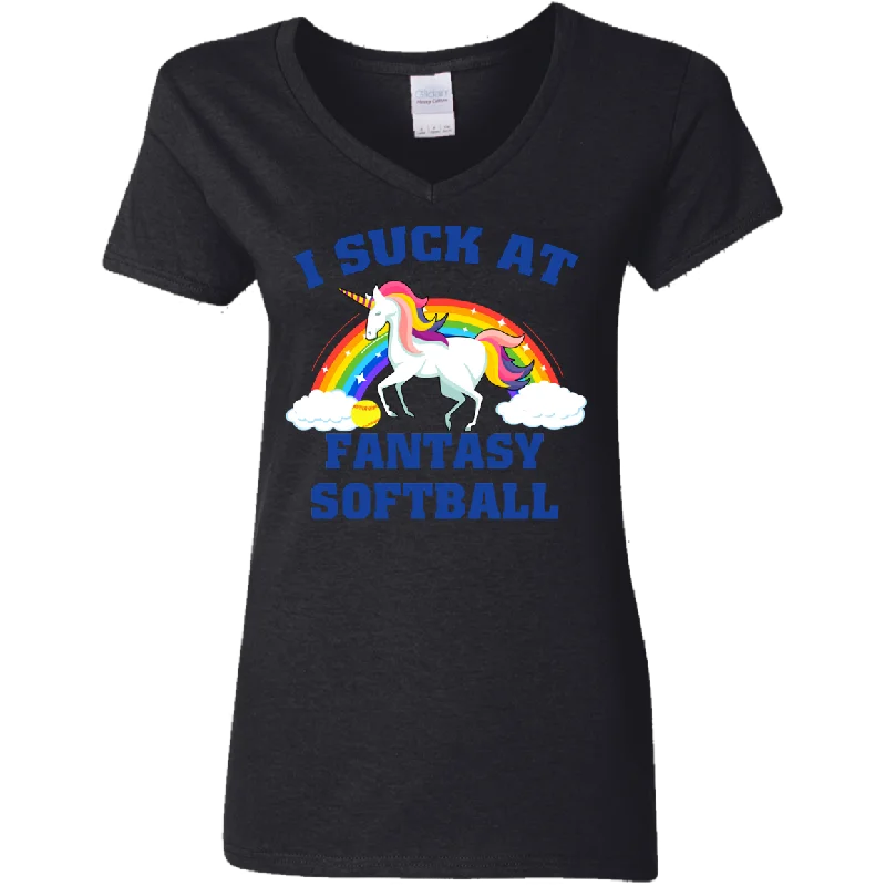 I Suck At Fantasy Softball Funny Magical Unicorn Ladies V-Neck T-Shirt Modern Contemporary Chic