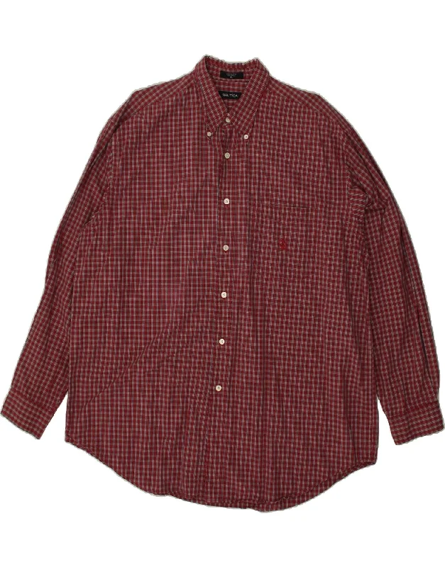 NAUTICA Mens Shirt XL Maroon Check Cotton Fitted T-Shirt Seamless Stretchy
