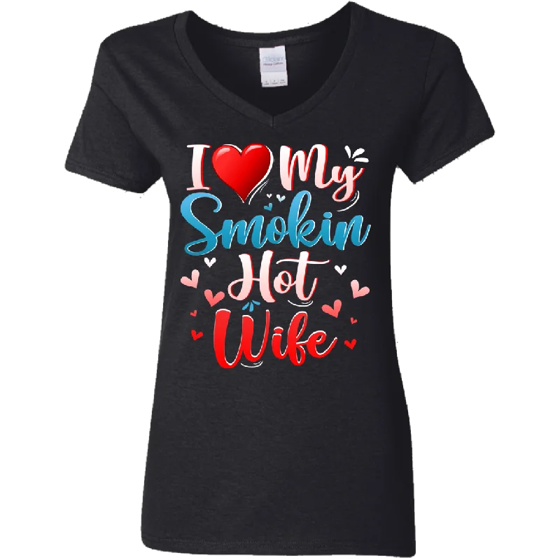I Love My Smokin Hot Wife Cute Valentine Couple Ladies V-Neck T-Shirt Houndstooth Herringbone Solid
