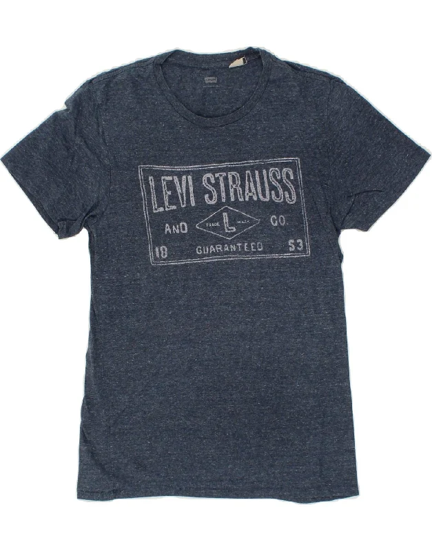 LEVI'S Womens Graphic T-Shirt Top UK 10 Small Navy Blue Flecked Collared Crew Neck Turtle Neck
