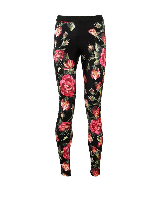 Pink Floral Legging Elegant Shiny Black Leggings