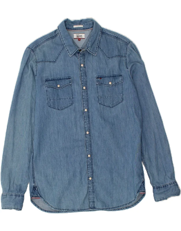 TOMMY HILFIGER Mens Slim Fit Denim Shirt Medium Blue Cotton Striped Floral Plaid