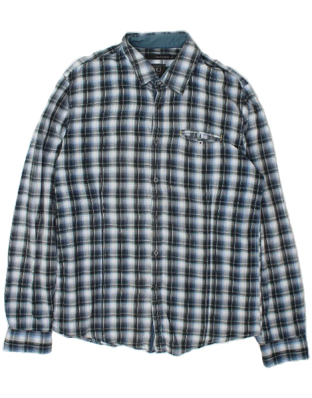 CALVIN KLEIN JEANS Mens Slim Fit Shirt 2XL Blue Check Cotton Graphic Embroidered Appliqued CALVIN KLEIN JEANS Mens Slim Fit Shirt 2XL Blue Check Cotton Graphic Embroidered Appliqued