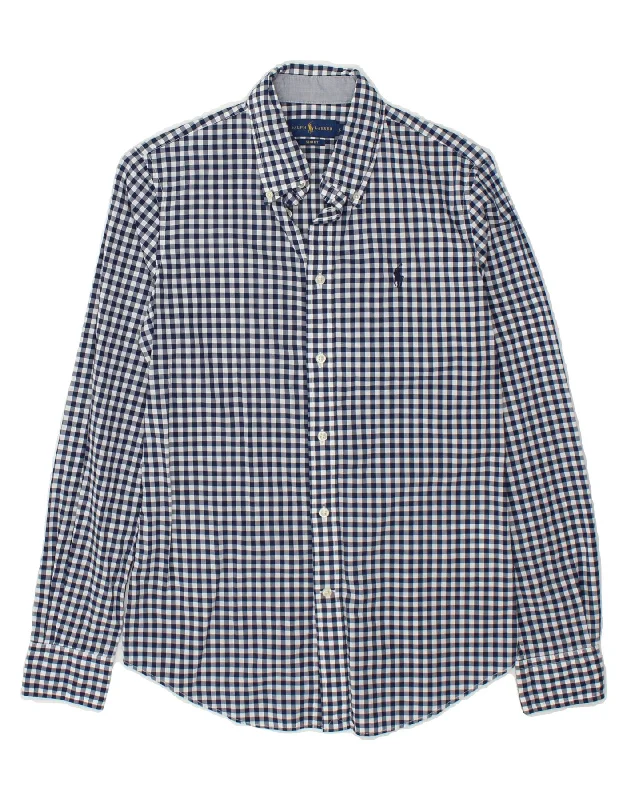 RALPH LAUREN Womens Slim Fit Shirt US 6 Medium Navy Blue Gingham Cotton Knit Fabric Woven Fabric Fleece Fabric RALPH LAUREN Womens Slim Fit Shirt US 6 Medium Navy Blue Gingham Cotton Knit Fabric Woven Fabric Fleece Fabric