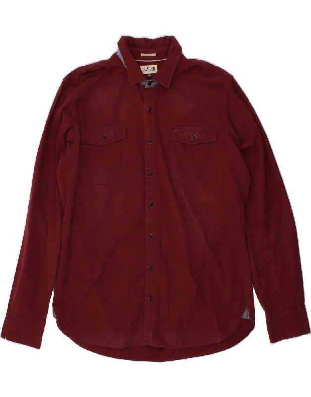 TOMMY HILFIGER Mens Shirt 2XL Maroon Cotton Front Pockets Side Pockets Patch Pockets