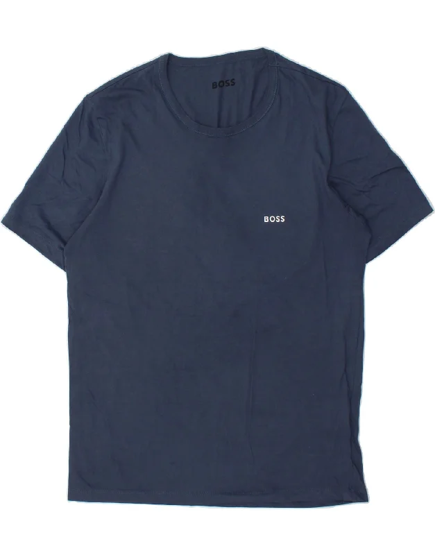 HUGO BOSS Mens T-Shirt Top Large Navy Blue Cotton Solid Color Striped Floral