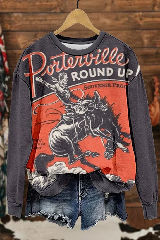 Chic Horse Racing Cowboys Rodeo Print Sweatshirt Hoodie with Front Slit Layering Stylish