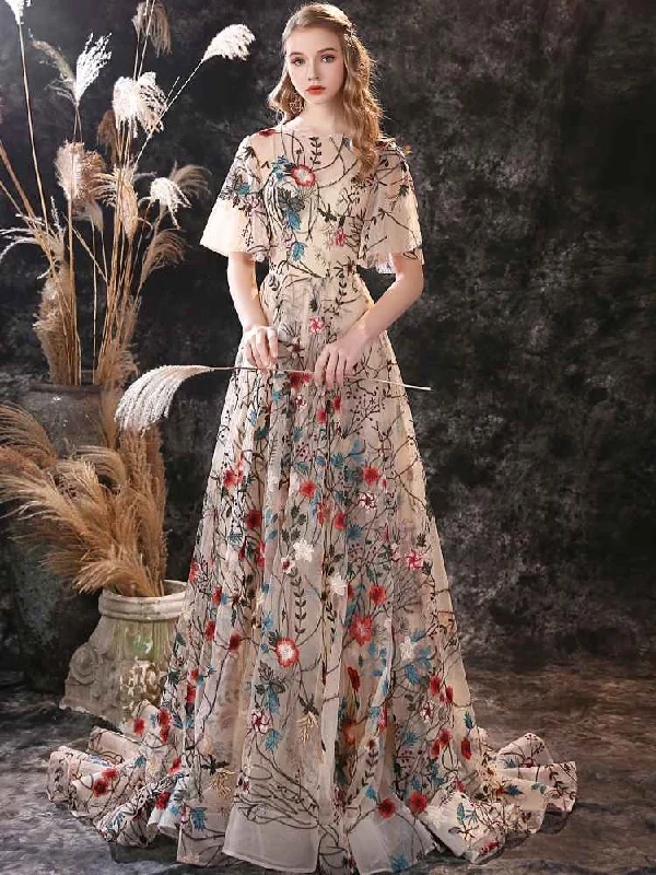 Floral Long Fairytale Tulle Prom Dresses with Half Butterfly Sleeves Tunics Velvet soft Floral Long Fairytale Tulle Prom Dresses with Half Butterfly Sleeves Tunics Velvet soft