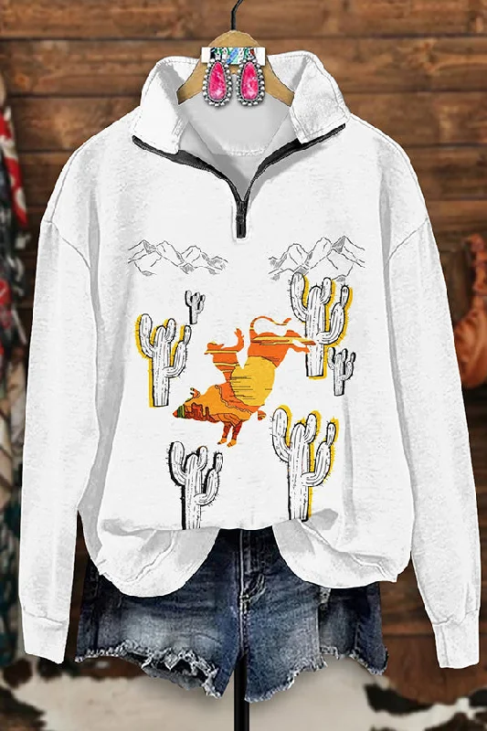 Vintage Western Cactus Print Zip-Up Sweatshirt Hoodie with Fur Luxurious Winter