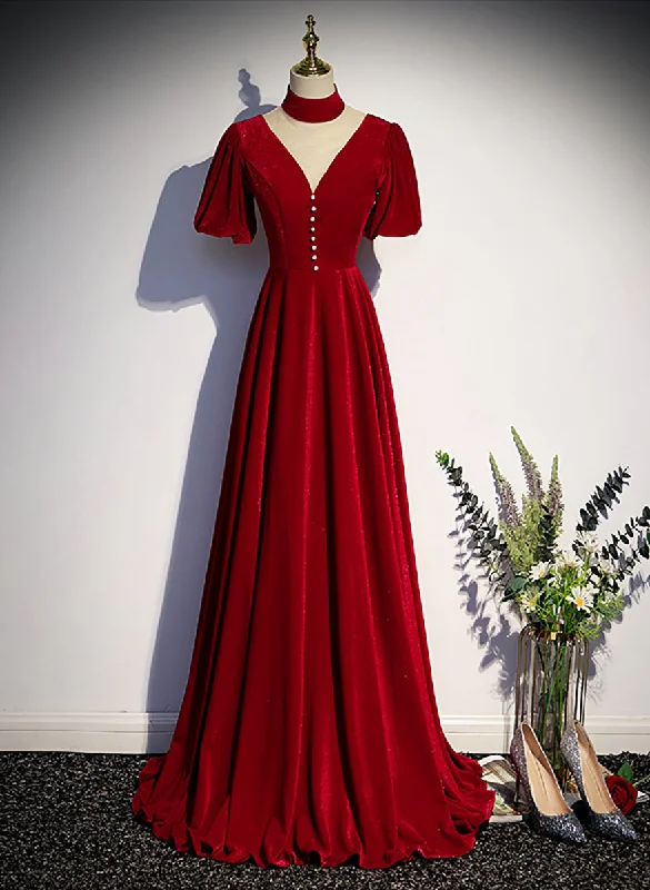 Red High Neckline Velvet Long Party Dress, Red Short Sleeves Velvet Prom Dress Tunics Evening elegant Red High Neckline Velvet Long Party Dress, Red Short Sleeves Velvet Prom Dress Tunics Evening elegant