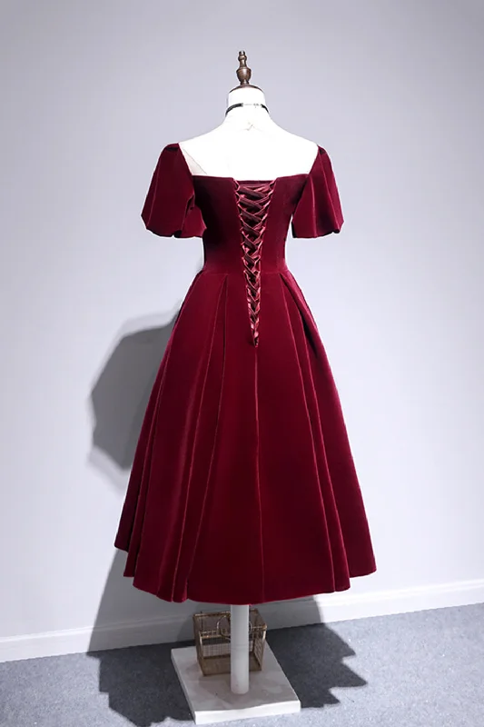 Burgundy Velvet Short Prom Dress, Cute A-Line Party Dress Tunics Luxurious high-end