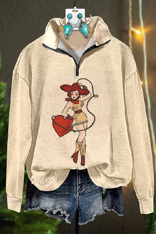 Western Valentine's Day Cowgirl Heart Zipper Sweatshirt Hoodie Crop Top Short Trendy