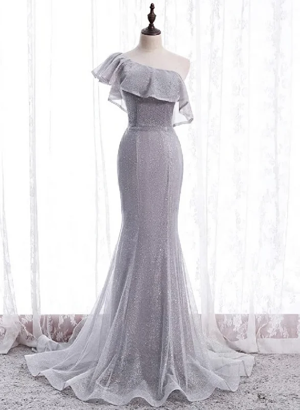 Grey One Shoulder Lace-up Shiny Long Prom Dress Party Dress, Grey Long Evening Dresses A-Line Day Work Grey One Shoulder Lace-up Shiny Long Prom Dress Party Dress, Grey Long Evening Dresses A-Line Day Work