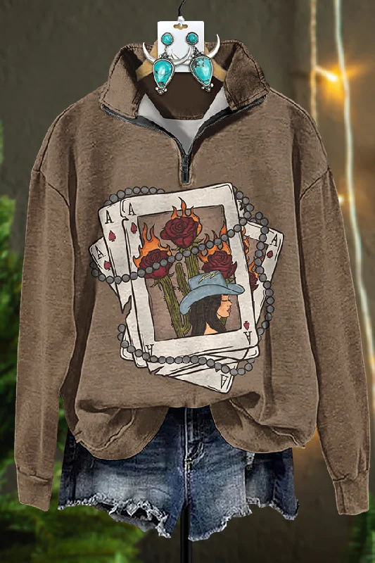 Valentine's Day Cowgirl Rose Playing Card Sweatshirt Hoodie with Zipper Placket Modern Functional