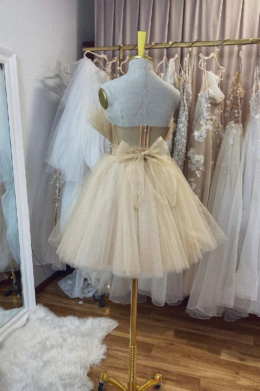 Champagne Tulle Short A-Line Prom Dress, Lovely Strapless Party Dress Tunics Versatile stylish Champagne Tulle Short A-Line Prom Dress, Lovely Strapless Party Dress Tunics Versatile stylish