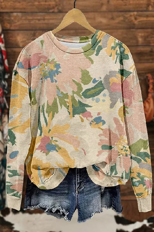 Cute Floral Print Sweatshirt Hoodie with Hem Frayed Vintage Worn