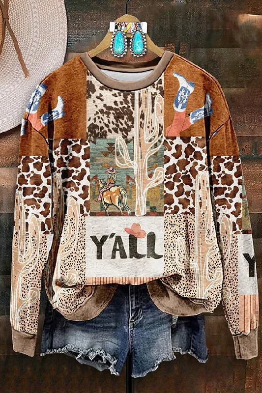 Retro Western Cactus Print Sweatshirt Hoodie with Ribbed Hem Stretchable Secure