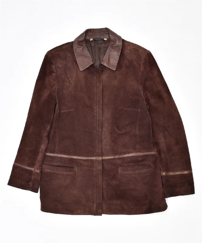 YOUR 6TH SENSE Womens Suede Jacket UK 14 Medium Brown Leather Vintage Welt Pockets Slit Pockets Flap Pockets