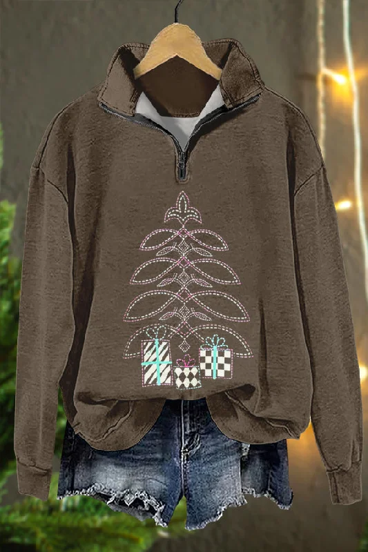 Western Aztec Totem Christmas Tree Print Sweatshirt Hoodie with Stripes Bold Sporty