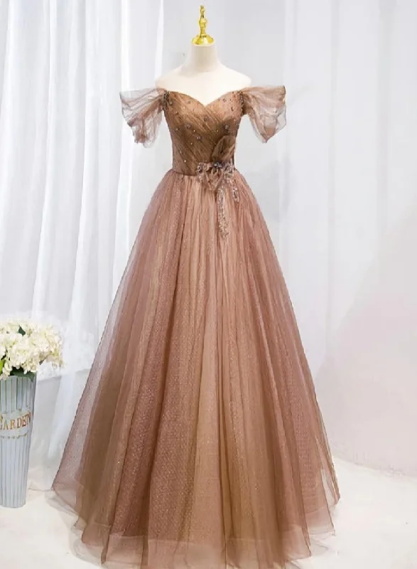 Champagne Off Shoulder Beaded A-line Tulle Long Party Dress, Long Evening Gown Off-the-shoulder Chic Trendy Champagne Off Shoulder Beaded A-line Tulle Long Party Dress, Long Evening Gown Off-the-shoulder Chic Trendy